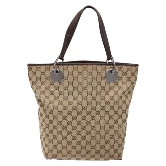 GUCCI GG Canvas Tote Bag Beige Silver 120836 Auth BA5201