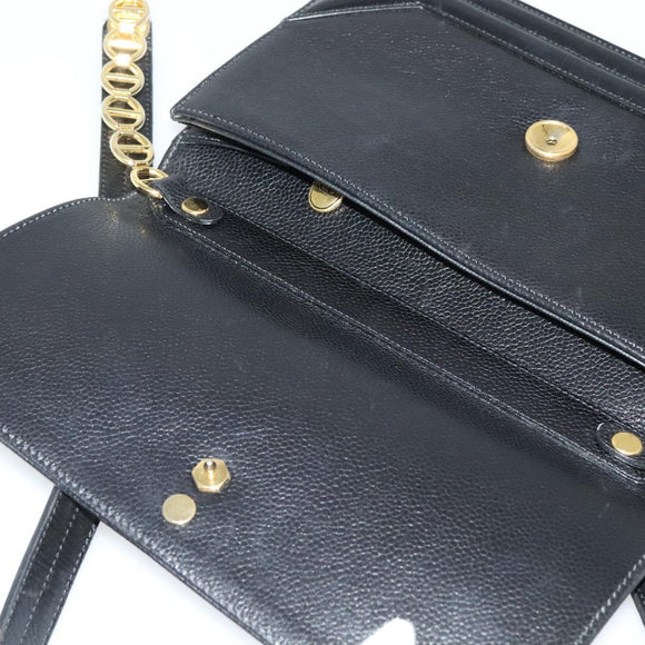 Christian Dior Chain Shoulder Bag Leather Black Gold Auth BA5226