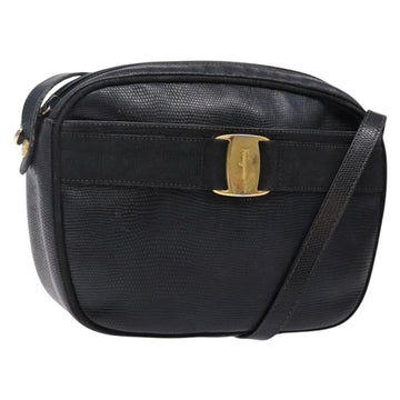 Salvatore Ferragamo Vala Shoulder Bag Leather Embossed Black Gold Auth BA5268