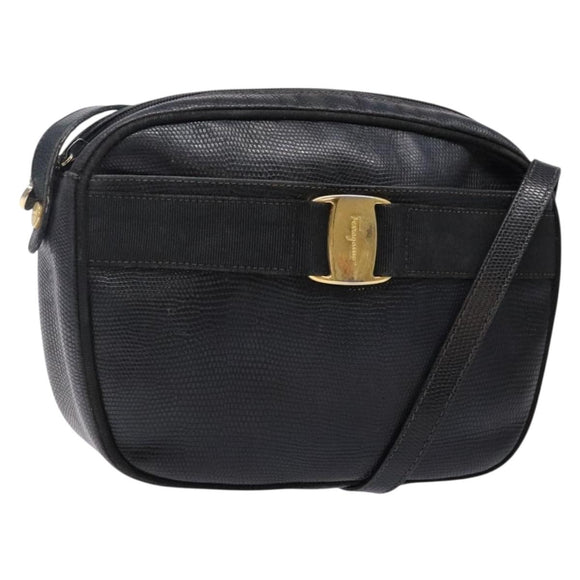 Salvatore Ferragamo Vala Shoulder Bag Leather Embossed Black Gold Auth BA5268