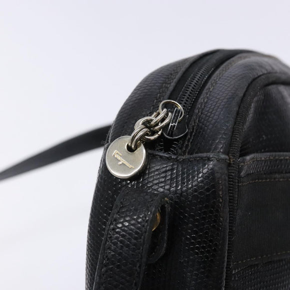 Salvatore Ferragamo Vala Shoulder Bag Leather Embossed Black Gold Auth BA5268