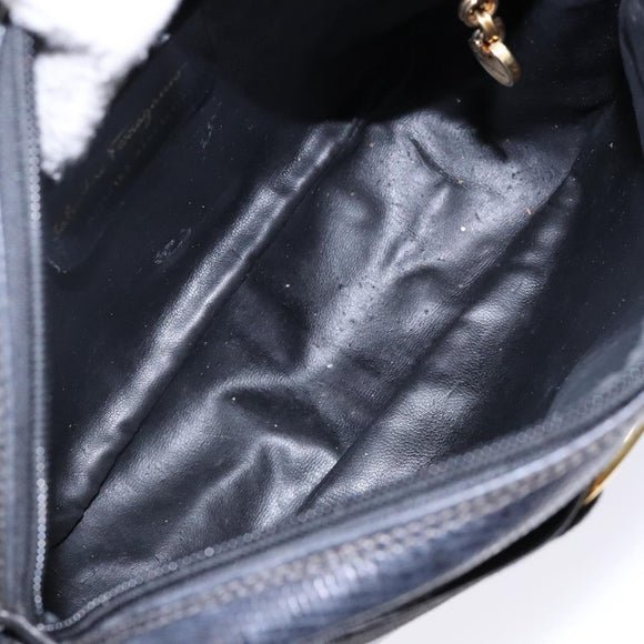 Salvatore Ferragamo Vala Shoulder Bag Leather Embossed Black Gold Auth BA5268