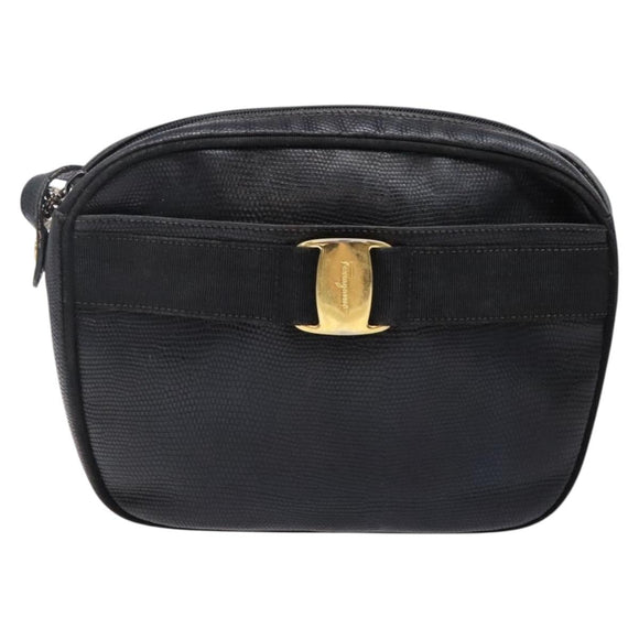 Salvatore Ferragamo Vala Shoulder Bag Leather Embossed Black Gold Auth BA5268