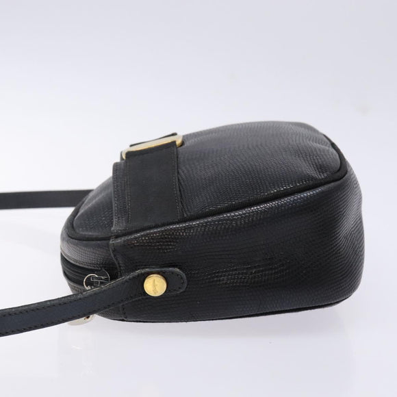 Salvatore Ferragamo Vala Shoulder Bag Leather Embossed Black Gold Auth BA5268