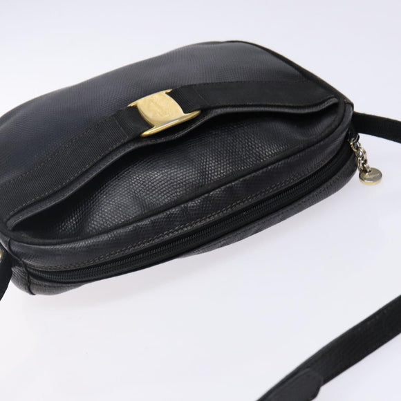 Salvatore Ferragamo Vala Shoulder Bag Leather Embossed Black Gold Auth BA5268