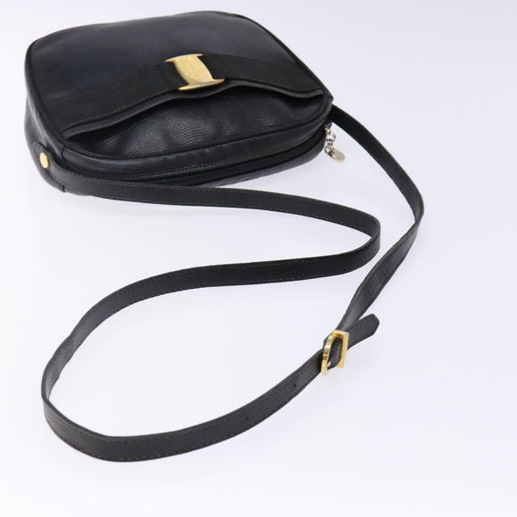 Salvatore Ferragamo Vala Shoulder Bag Leather Embossed Black Gold Auth BA5268