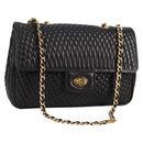 BALLY Quilted Chain Shoulder Bag Leather Black Gold Auth BA5269-1