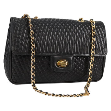 BALLY Quilted Chain Shoulder Bag Leather Black Gold Auth BA5269