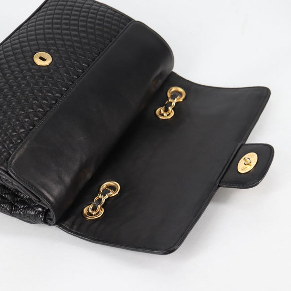 BALLY Quilted Chain Shoulder Bag Leather Black Gold Auth BA5269