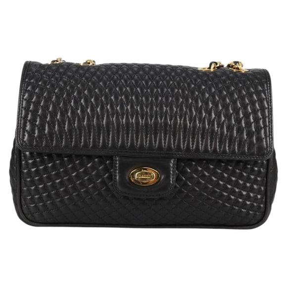 BALLY Quilted Chain Shoulder Bag Leather Black Gold Auth BA5269