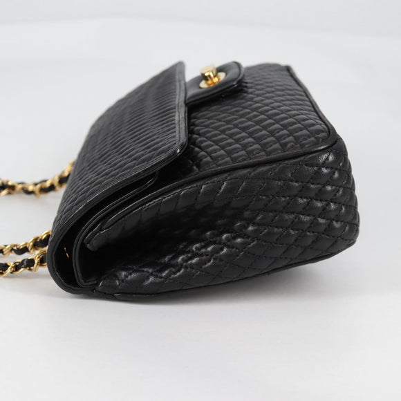 BALLY Quilted Chain Shoulder Bag Leather Black Gold Auth BA5269