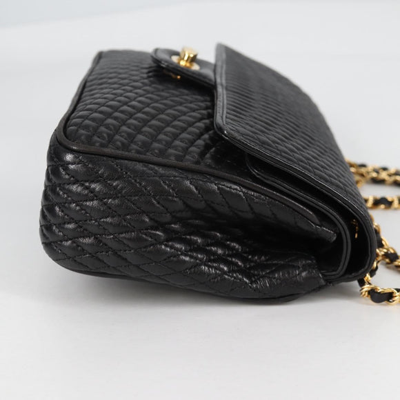 BALLY Quilted Chain Shoulder Bag Leather Black Gold Auth BA5269