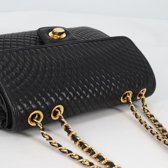 BALLY Quilted Chain Shoulder Bag Leather Black Gold Auth BA5269