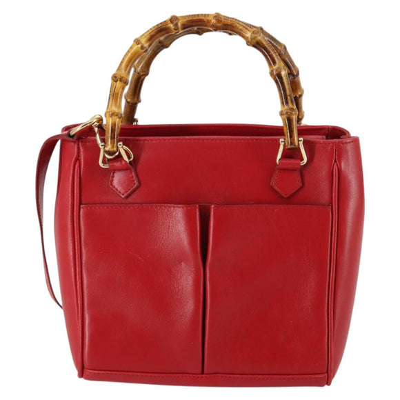 GUCCI Bamboo Hand Bag Leather 2way Red Gold Auth BA5277