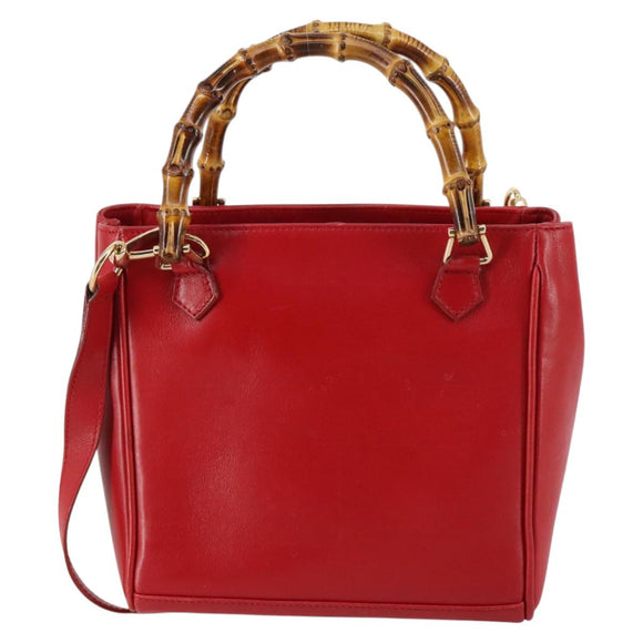 GUCCI Bamboo Hand Bag Leather 2way Red Gold Auth BA5277