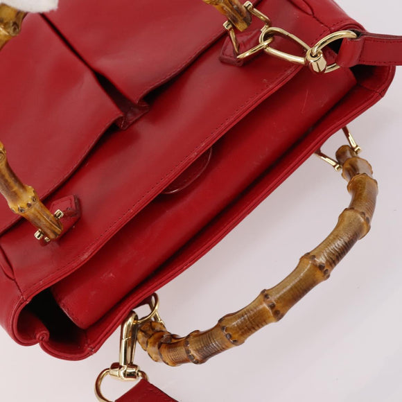 GUCCI Bamboo Hand Bag Leather 2way Red Gold Auth BA5277