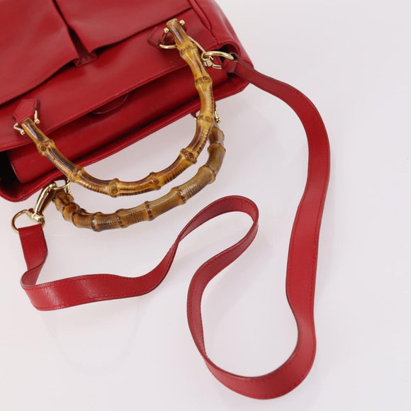 GUCCI Bamboo Hand Bag Leather 2way Red Gold Auth BA5277