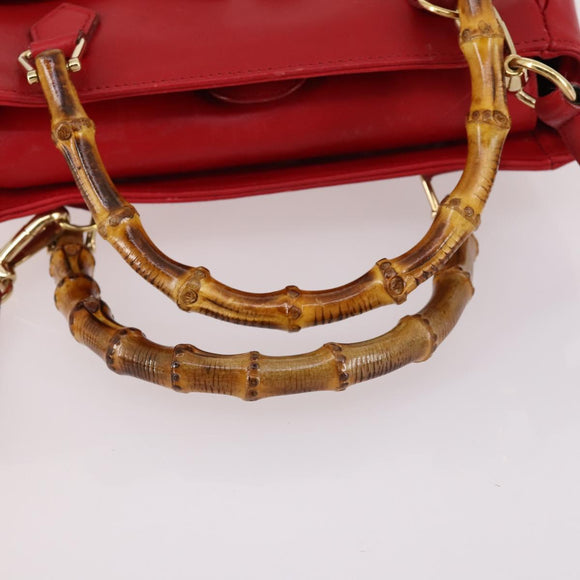 GUCCI Bamboo Hand Bag Leather 2way Red Gold Auth BA5277