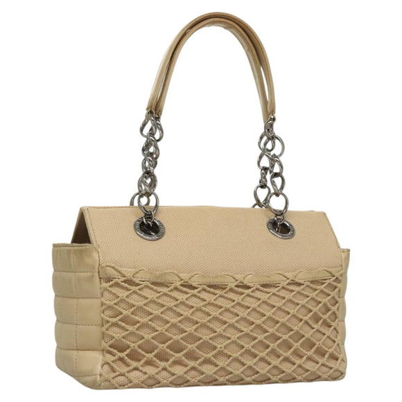 CHANEL Choco Bar Tote Bag Canvas Beige CC Auth BA528