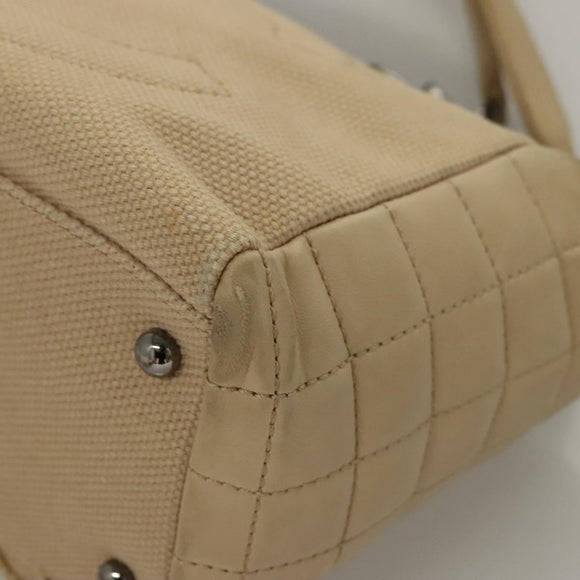 CHANEL Choco Bar Tote Bag Canvas Beige CC Auth BA528