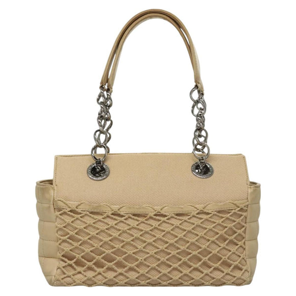 CHANEL Choco Bar Tote Bag Canvas Beige CC Auth BA528