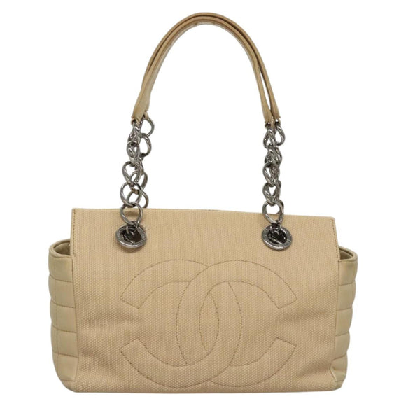CHANEL Choco Bar Tote Bag Canvas Beige CC Auth BA528