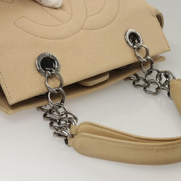 CHANEL Choco Bar Tote Bag Canvas Beige CC Auth BA528