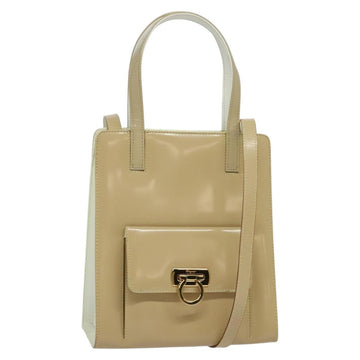 Salvatore Ferragamo Gancini Hand Bag Patent leather 2way Beige Gold Auth BA5280