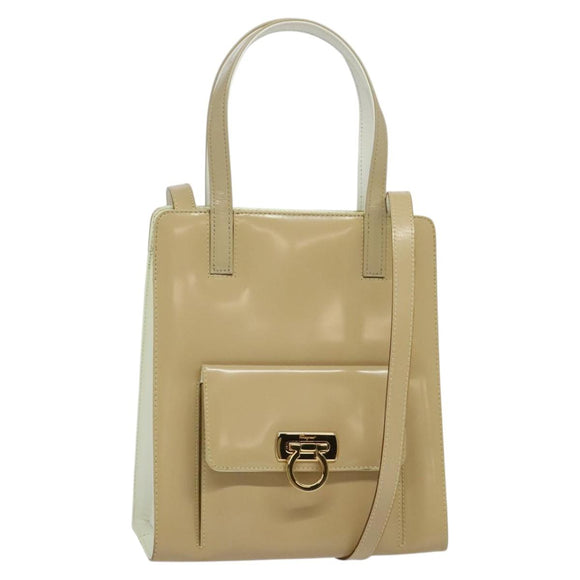 Salvatore Ferragamo Gancini Hand Bag Patent leather 2way Beige Gold Auth BA5280