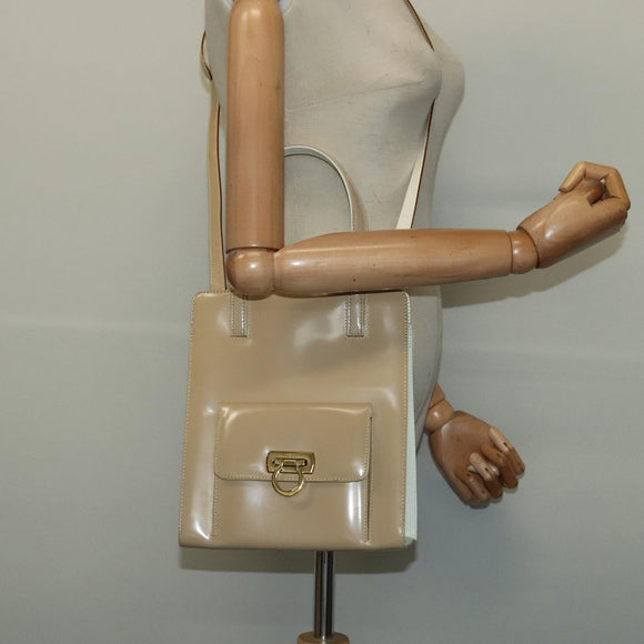 Salvatore Ferragamo Gancini Hand Bag Patent leather 2way Beige Gold Auth BA5280
