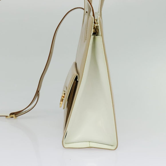 Salvatore Ferragamo Gancini Hand Bag Patent leather 2way Beige Gold Auth BA5280