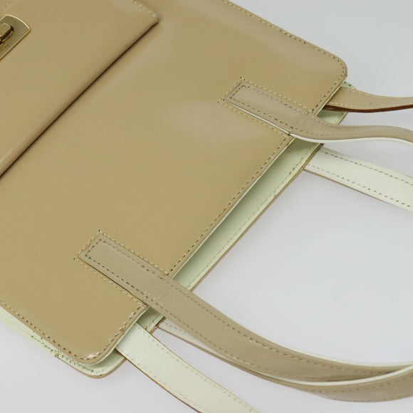 Salvatore Ferragamo Gancini Hand Bag Patent leather 2way Beige Gold Auth BA5280