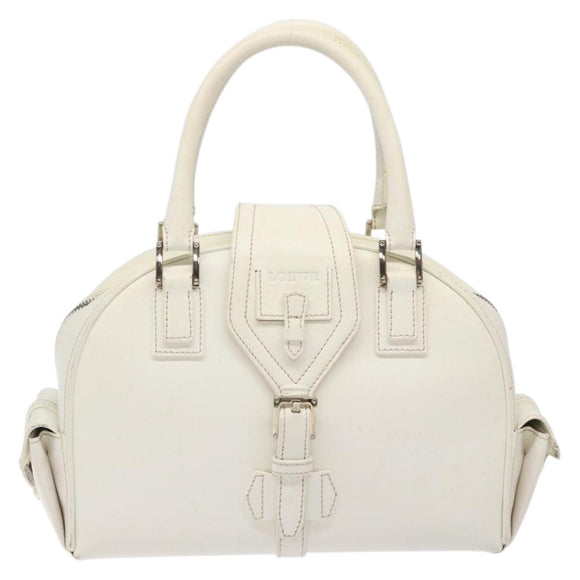 LOEWE Hand Bag Leather White Silver Auth BA5296