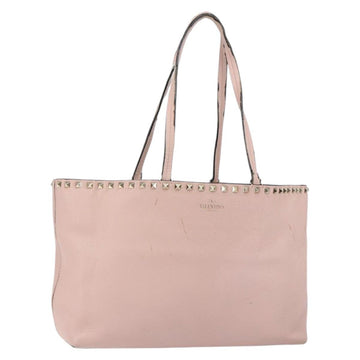 VALENTINO Studs Tote Bag Leather Pink Gold Auth BA5305
