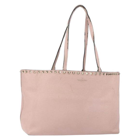 VALENTINO Studs Tote Bag Leather Pink Gold Auth BA5305
