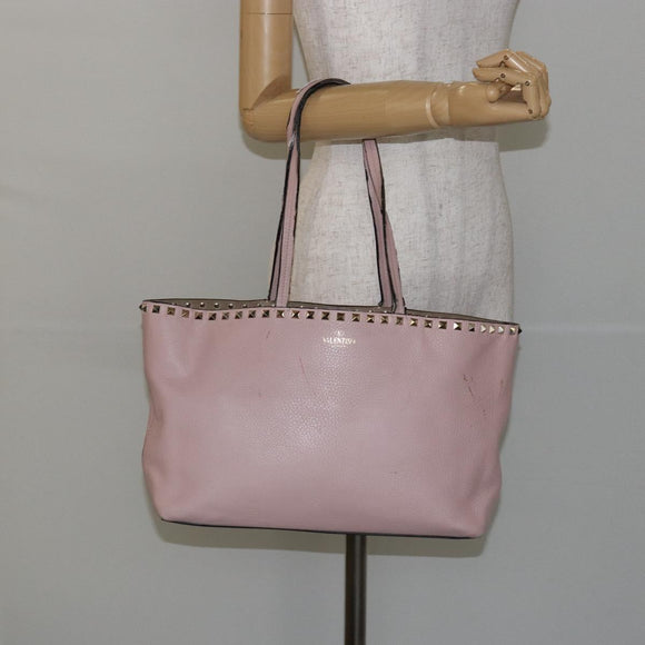 VALENTINO Studs Tote Bag Leather Pink Gold Auth BA5305