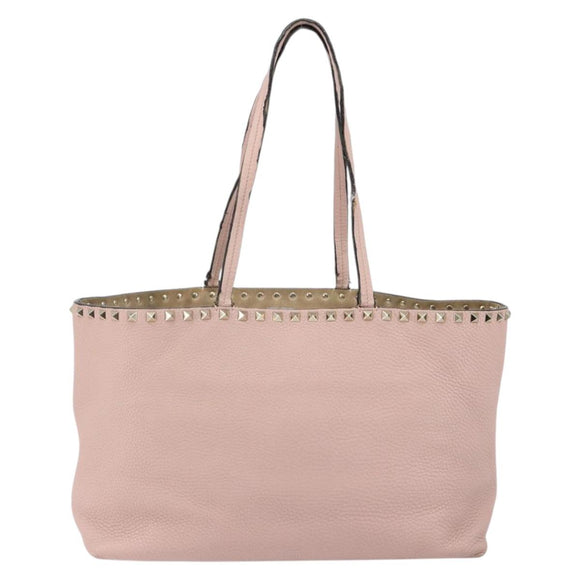 VALENTINO Studs Tote Bag Leather Pink Gold Auth BA5305
