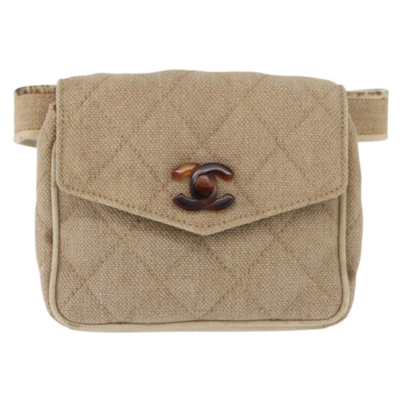 CHANEL Matelasse Waist Bag Canvas Beige CC Auth BA5314