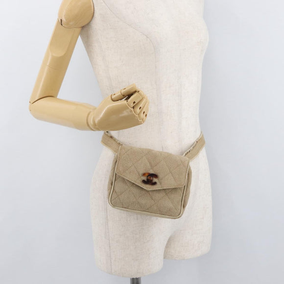 CHANEL Matelasse Waist Bag Canvas Beige CC Auth BA5314