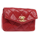 CHANEL Matelasse Waist Bag Lamb Skin Red Gold CC Auth BA5332-1