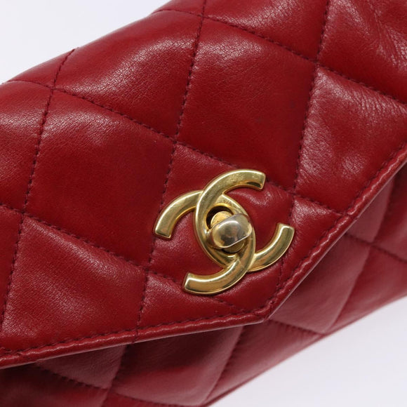 CHANEL Matelasse Waist Bag Lamb Skin Red Gold CC Auth BA5332