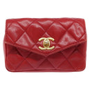 CHANEL Matelasse Waist Bag Lamb Skin Red Gold CC Auth BA5332-13