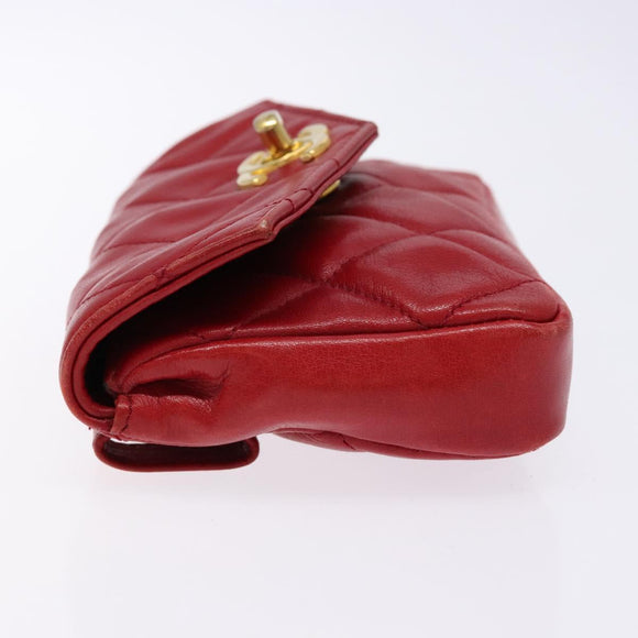 CHANEL Matelasse Waist Bag Lamb Skin Red Gold CC Auth BA5332