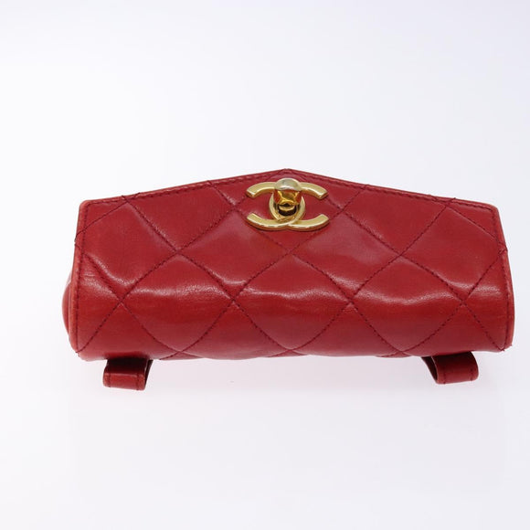 CHANEL Matelasse Waist Bag Lamb Skin Red Gold CC Auth BA5332