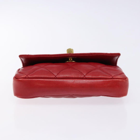 CHANEL Matelasse Waist Bag Lamb Skin Red Gold CC Auth BA5332