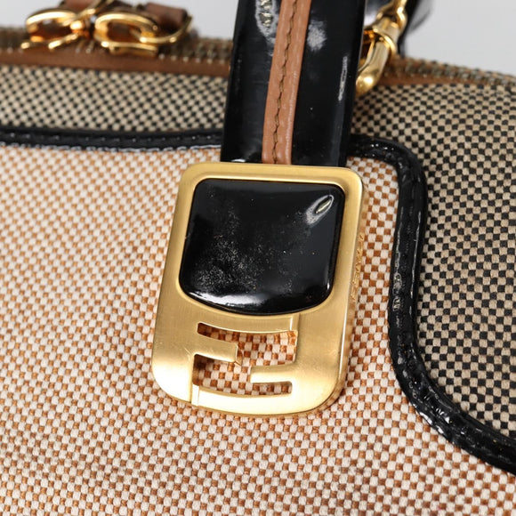 FENDI Camel Rain Hand Bag Canvas 2way Beige Gold Auth BA5335