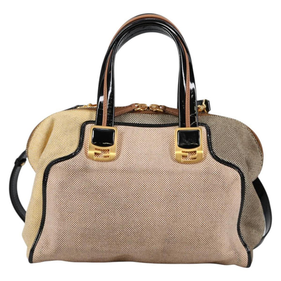 FENDI Camel Rain Hand Bag Canvas 2way Beige Gold Auth BA5335