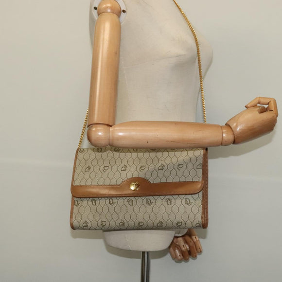 Christian Dior Honeycomb Canvas Chain Shoulder Bag PVC Beige Gold Auth BA5344