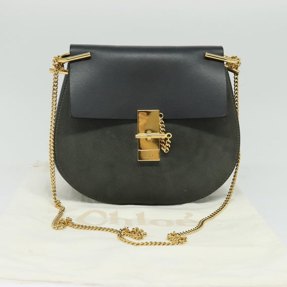 Chloe Chain Drew Shoulder Bag Leather Khaki Gold Auth BA5346