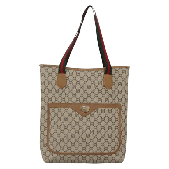GUCCI GG Plus Supreme Web Sherry Line Tote Bag PVC Beige Gold Auth BA5355
